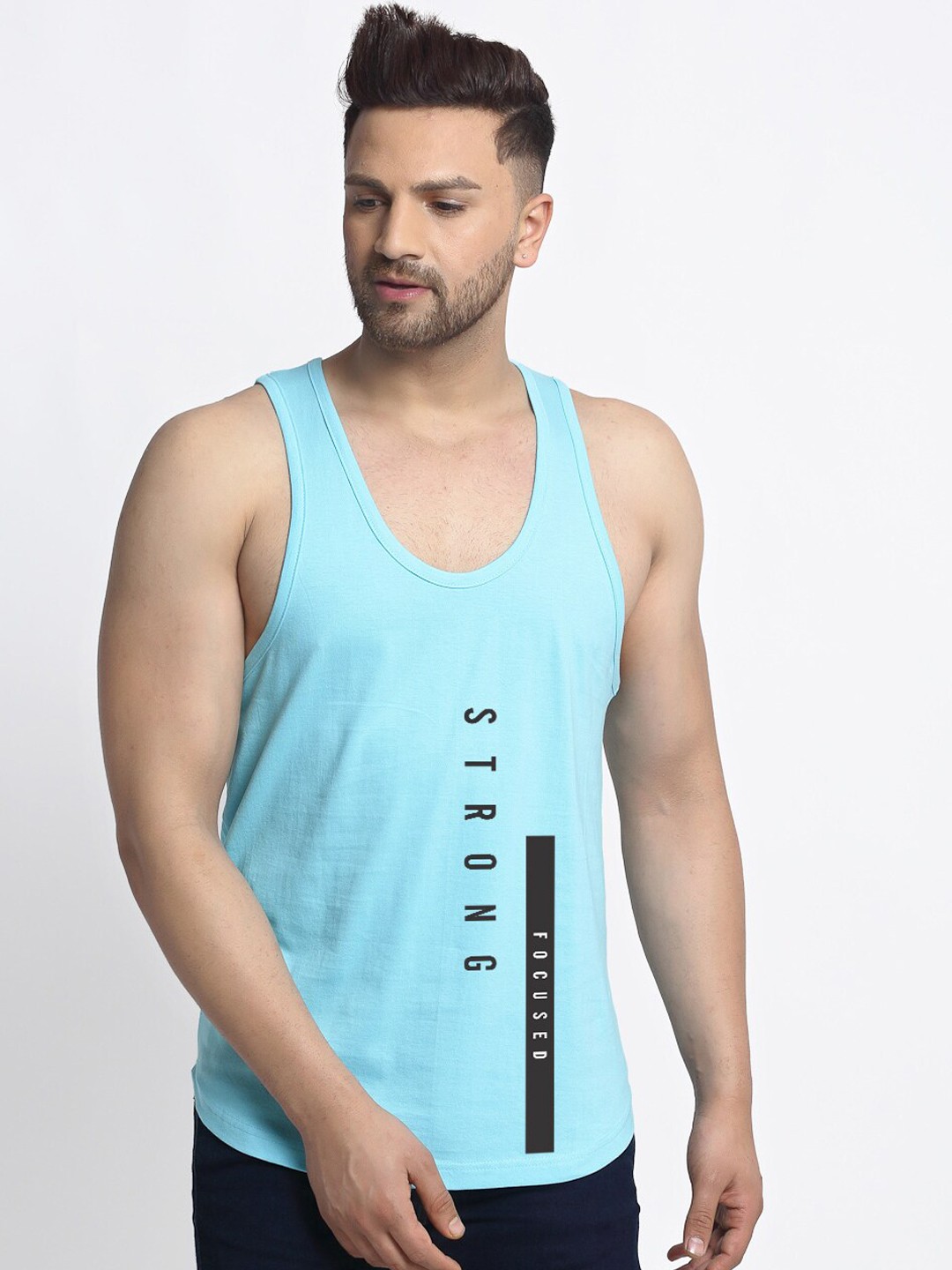 

Friskers Men Turquoise Blue Printed Pure Cotton Gym Innerwear Vest