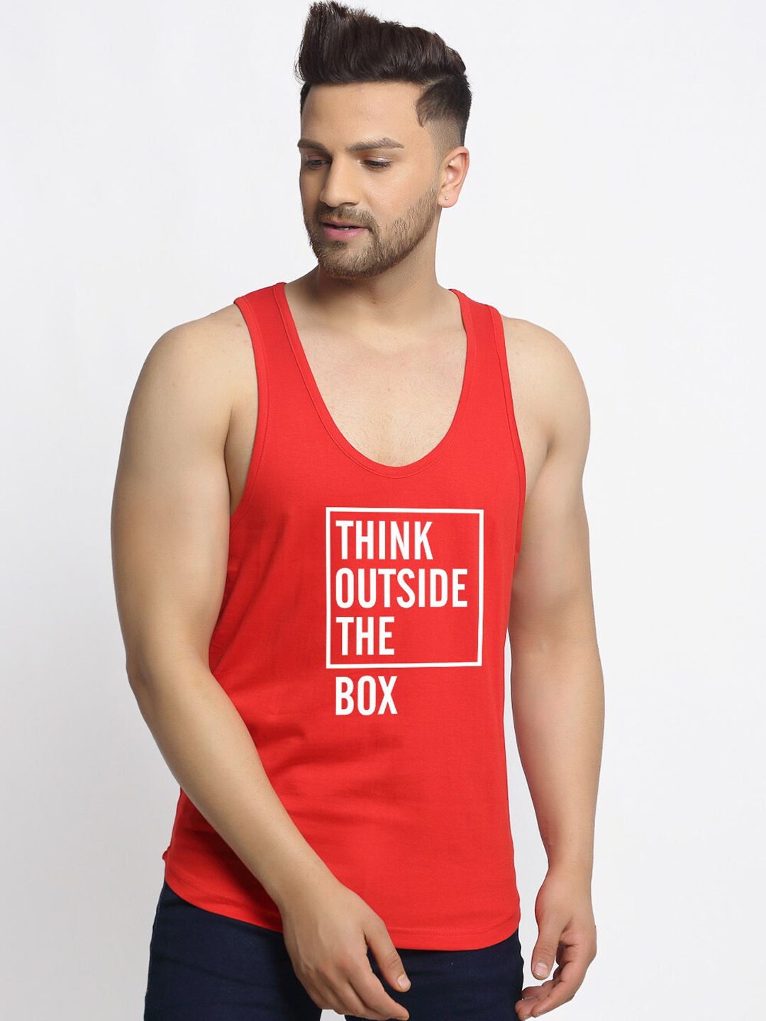 

Friskers Men Red Typography Printed Sleeveless Pure Cotton Gym Innerwear Vests