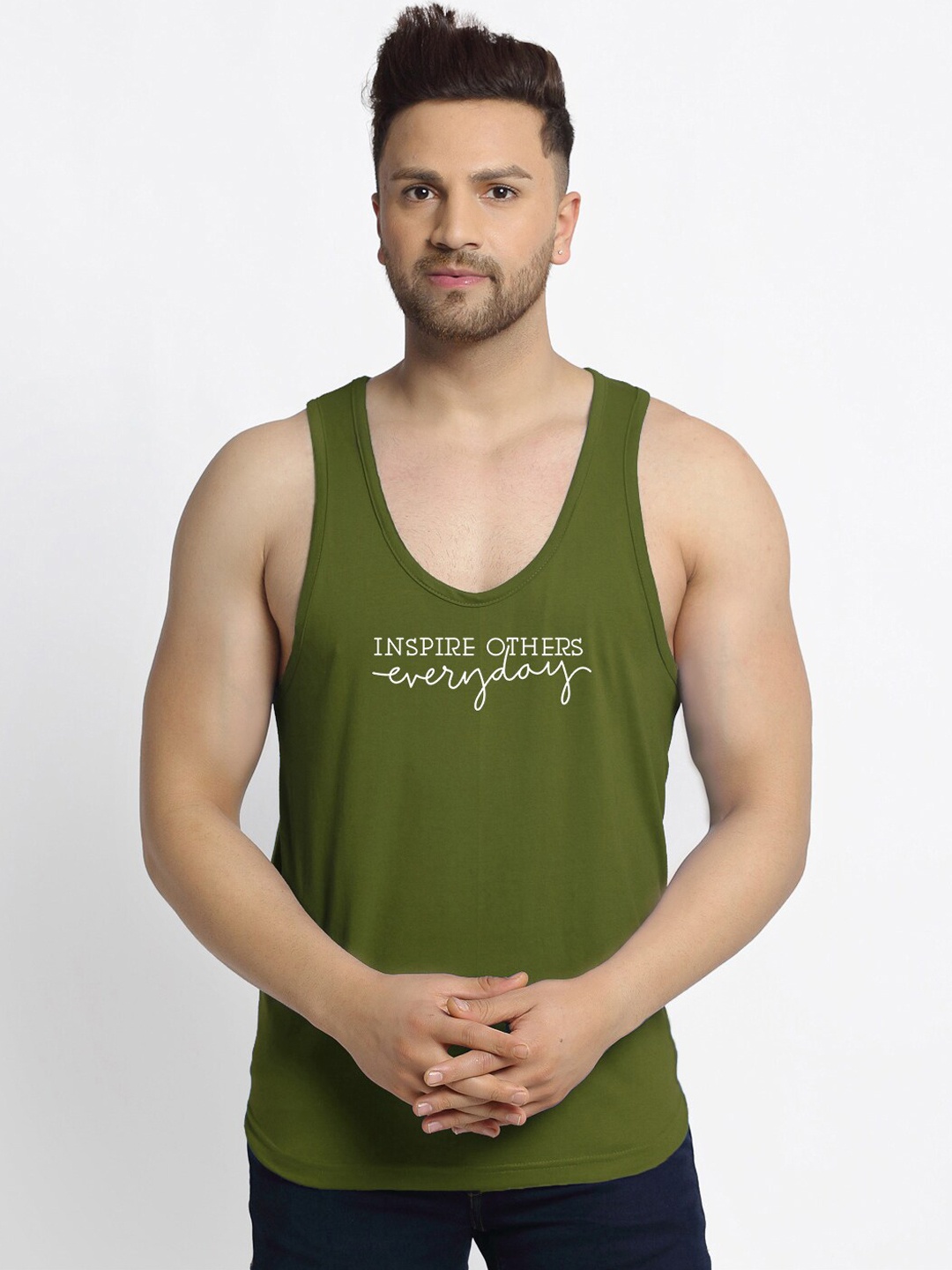 

Friskers Men Olive-Green Printed Pure Cotton Gym Vest