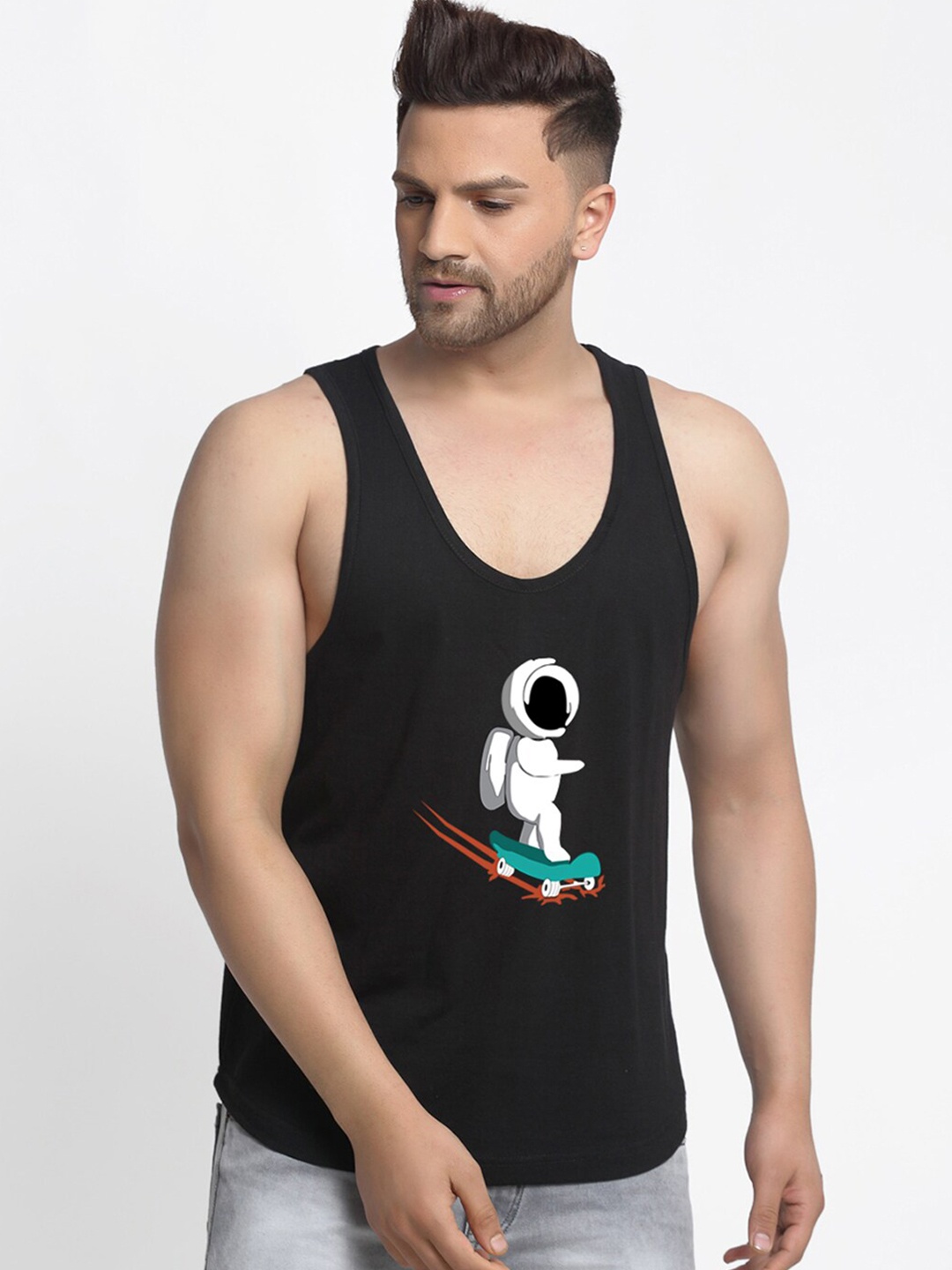 

Friskers Men Black Printed Pure Cotton Innerwear Vest