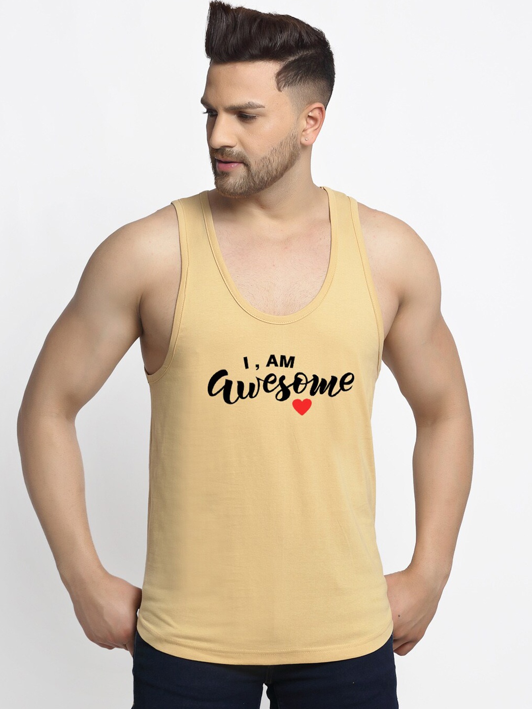 

Friskers Men Beige Printed Pure Cotton Gym Vests