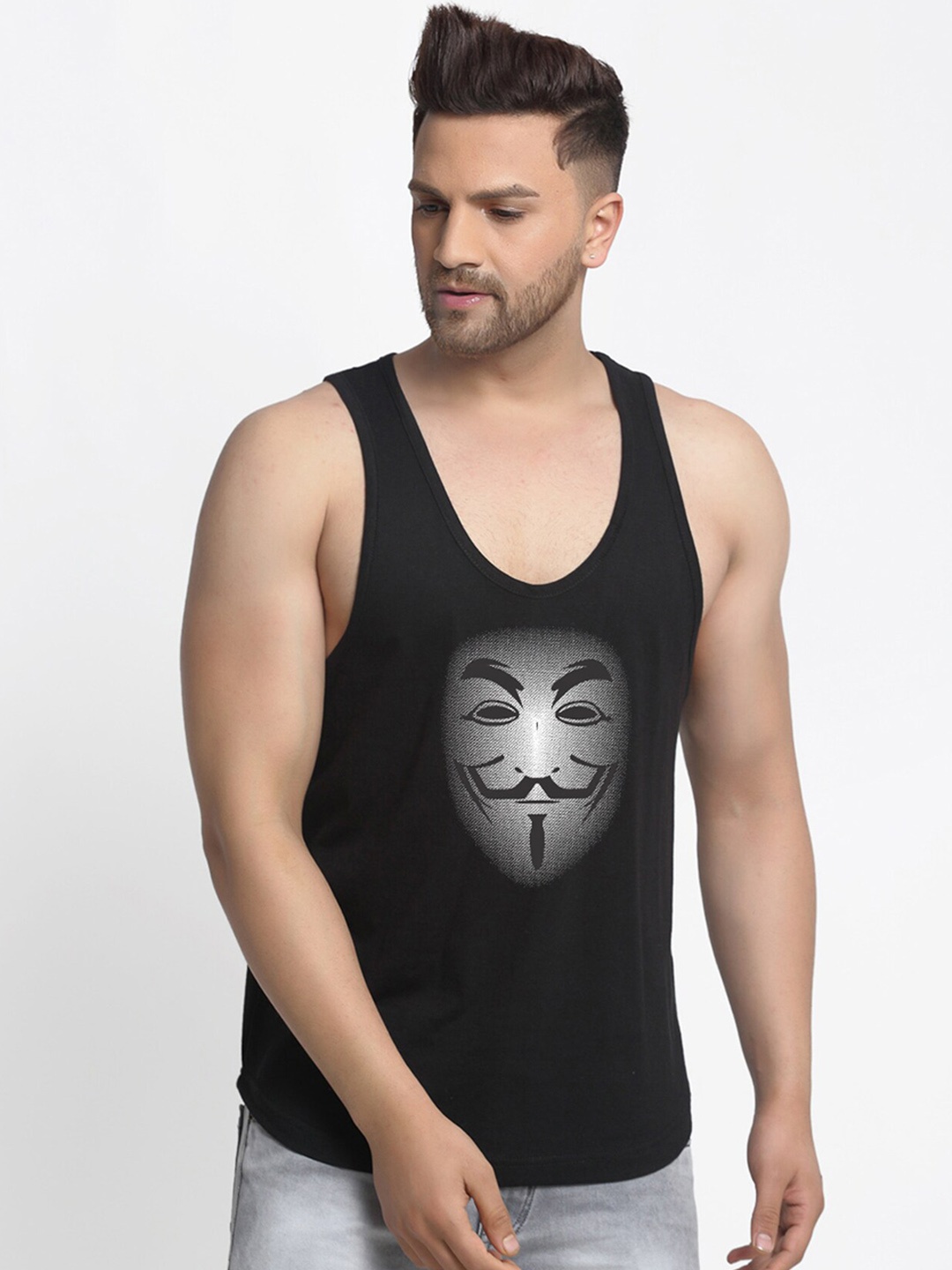 

Friskers Men Black Printed Pure Cotton Innerwear Gym Vests