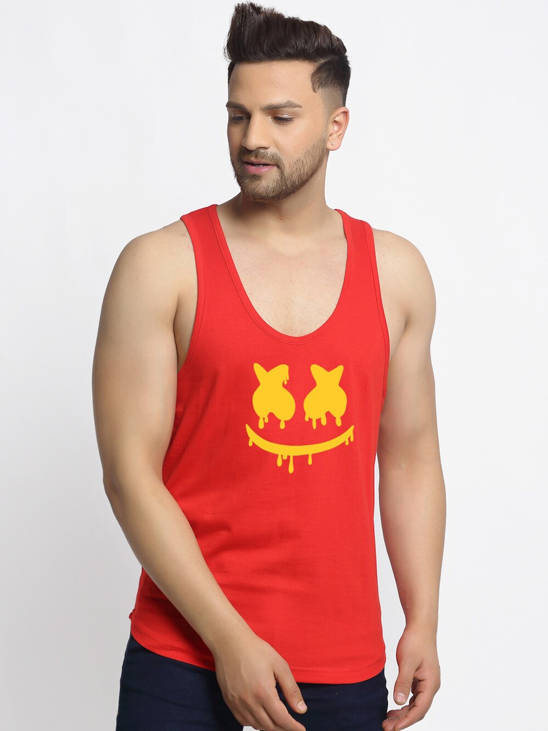 

Friskers Men Red & Yellow Smily Printed Apple Cut Sleeveless Pure Cotton Gym Vest