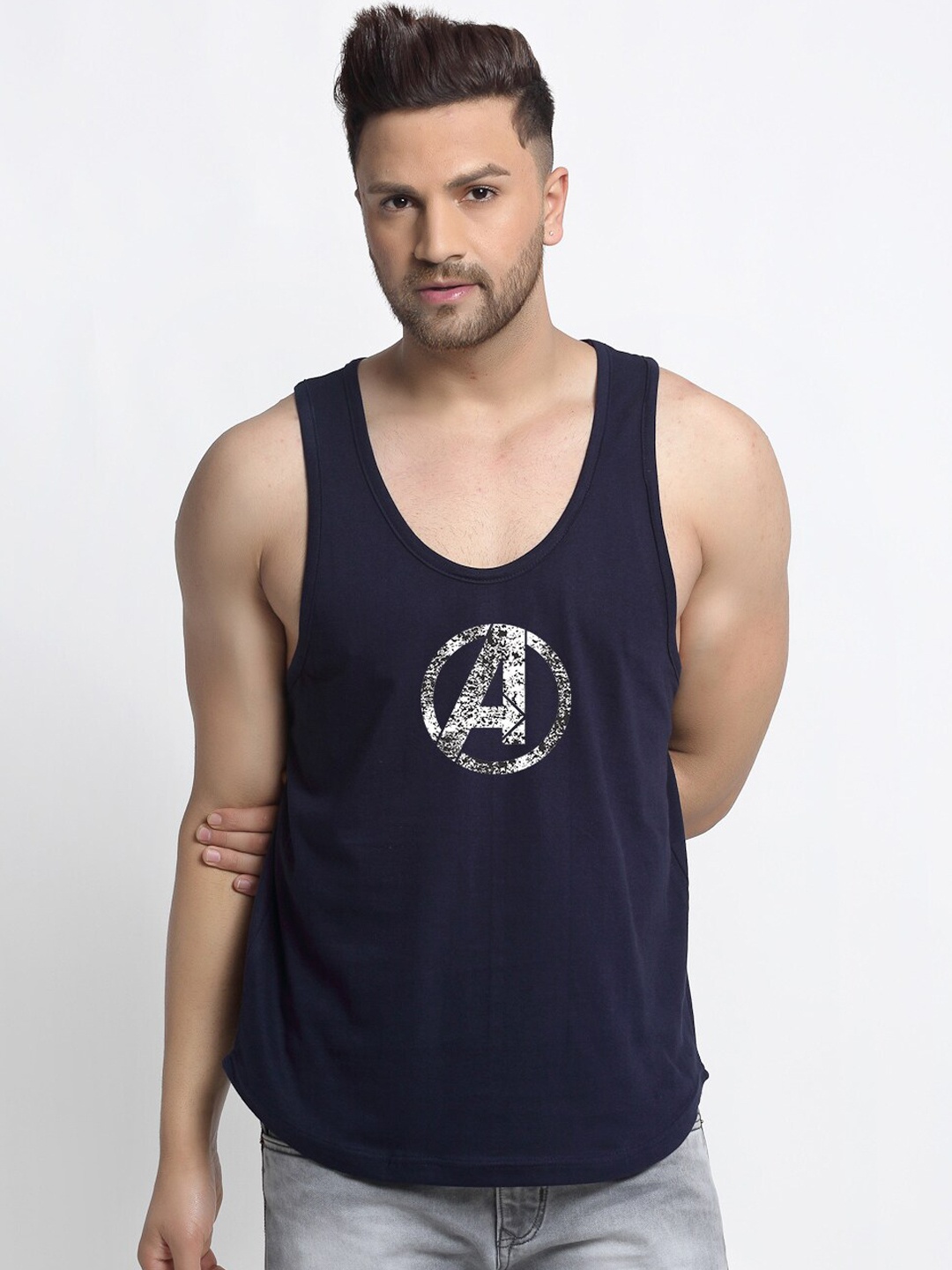 

Friskers Men Navy Blue Printed Pure Cotton Innerwear Gym Vests