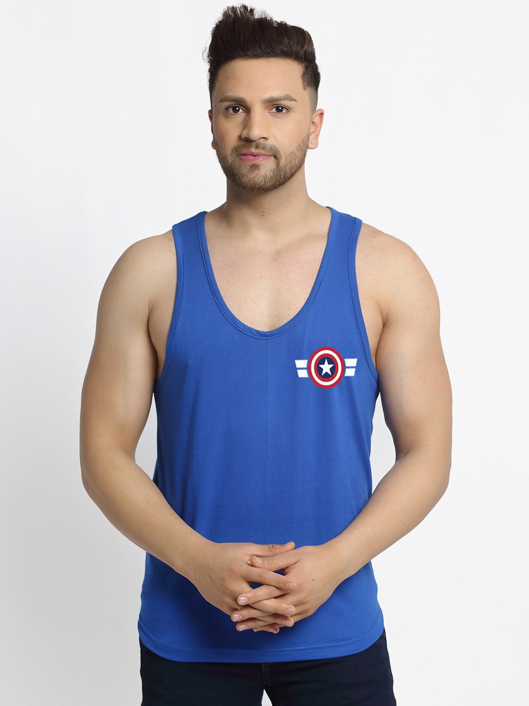 

Friskers Men Blue Captain America Printed Pure Cotton Gym Vests