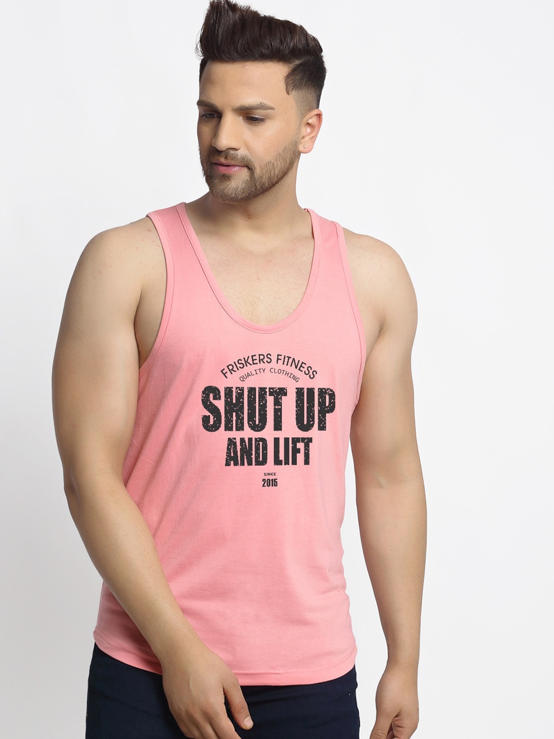 

Friskers Men Coral Shut Up And Lift Printed Innerwear Vests