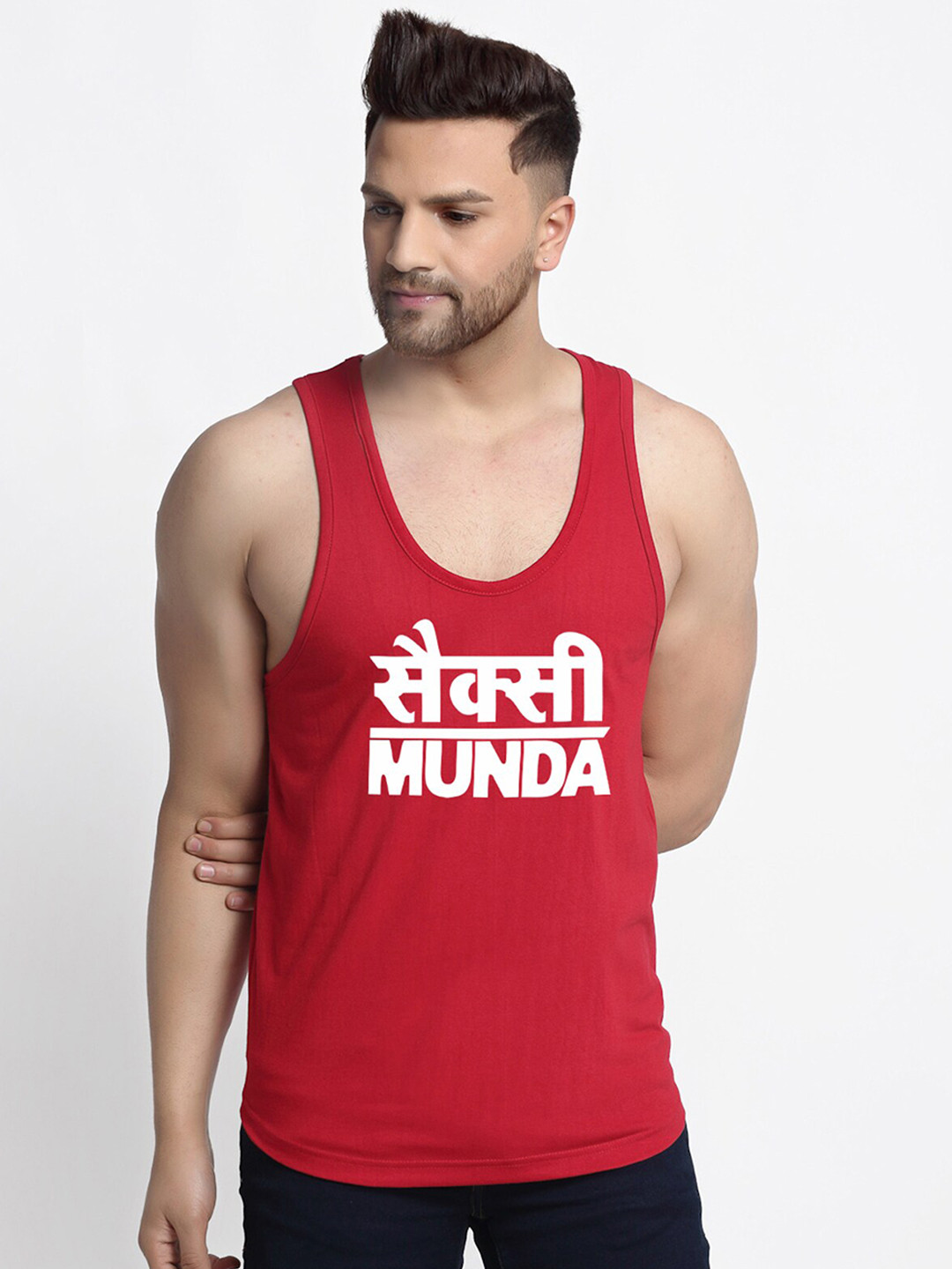 

Friskers Men Maroon Printed Cotton Gym Vest