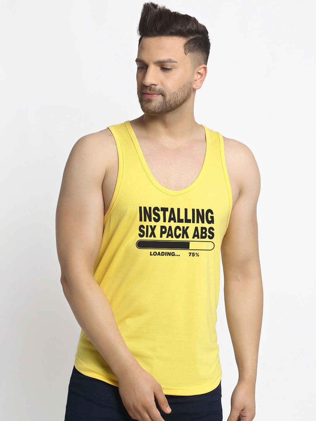

Friskers Men Yellow Printed Pure Cotton Innerwear Gym Vests