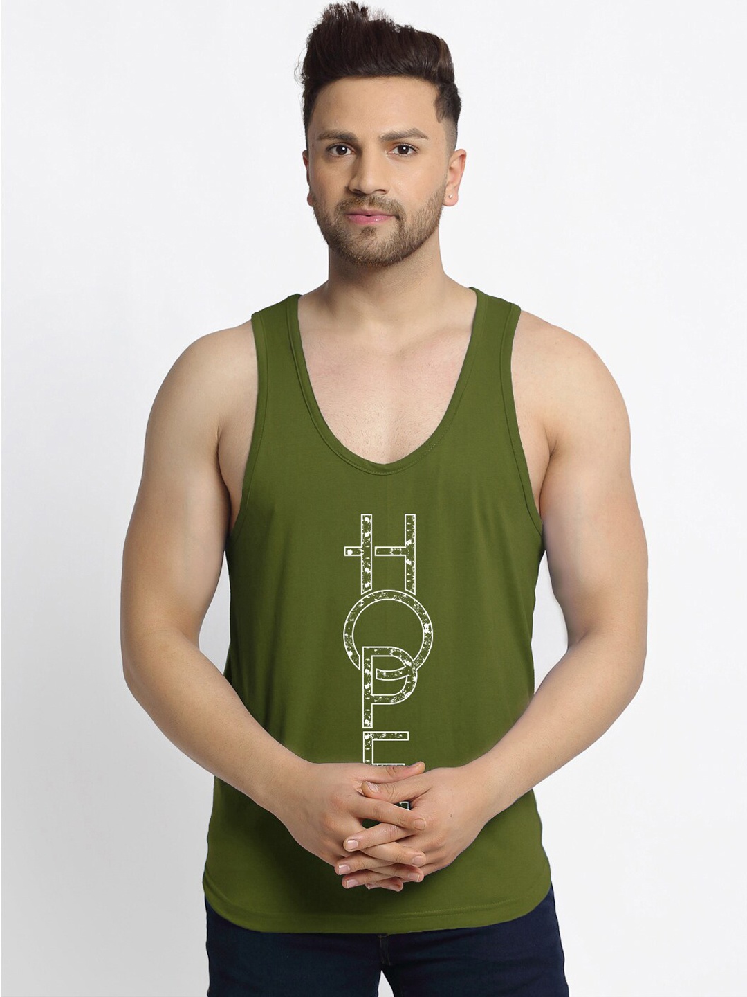 

Friskers Men Olive Printed Pure Cotton Innerwear Vest