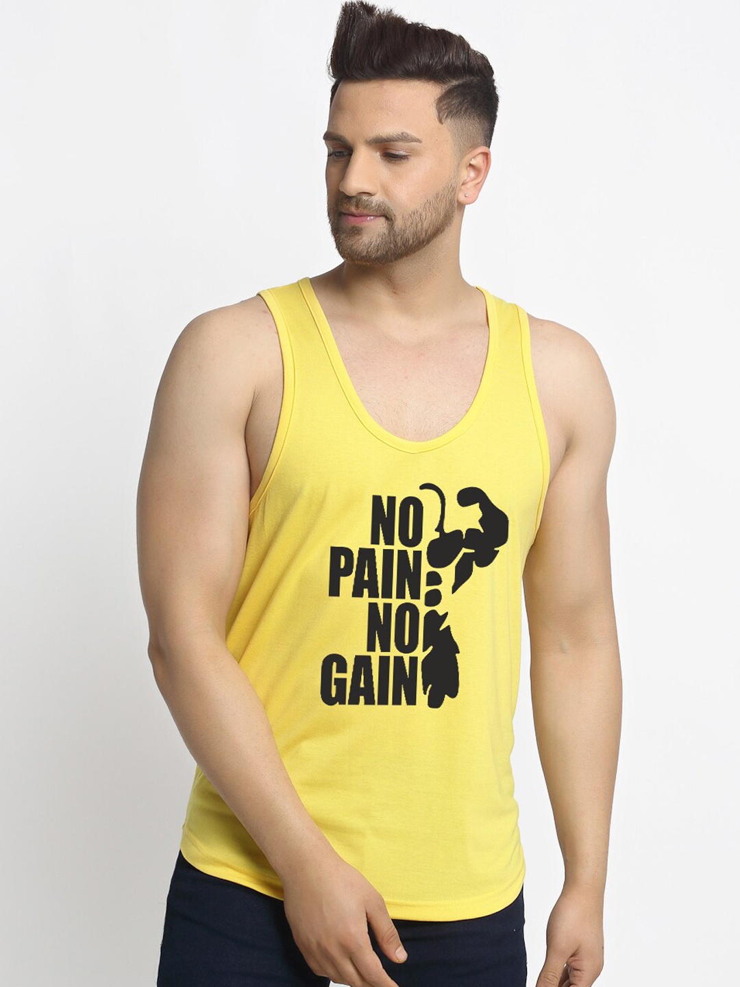 

Friskers Men Yellow Printed Pure Cotton Gym Innerwear Vests
