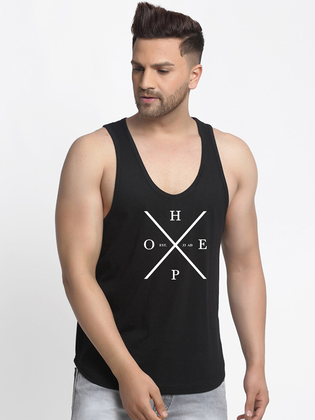 

Friskers Men Black Hope Printed Pure Cotton Gym Vest
