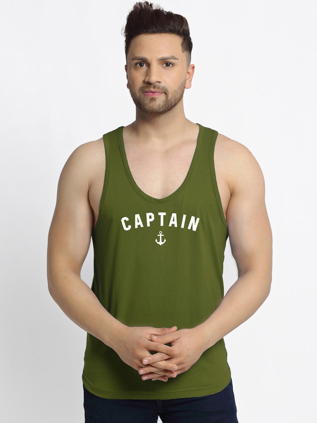 

Friskers Men Olive-Green Printed Cotton Innerwear Vests