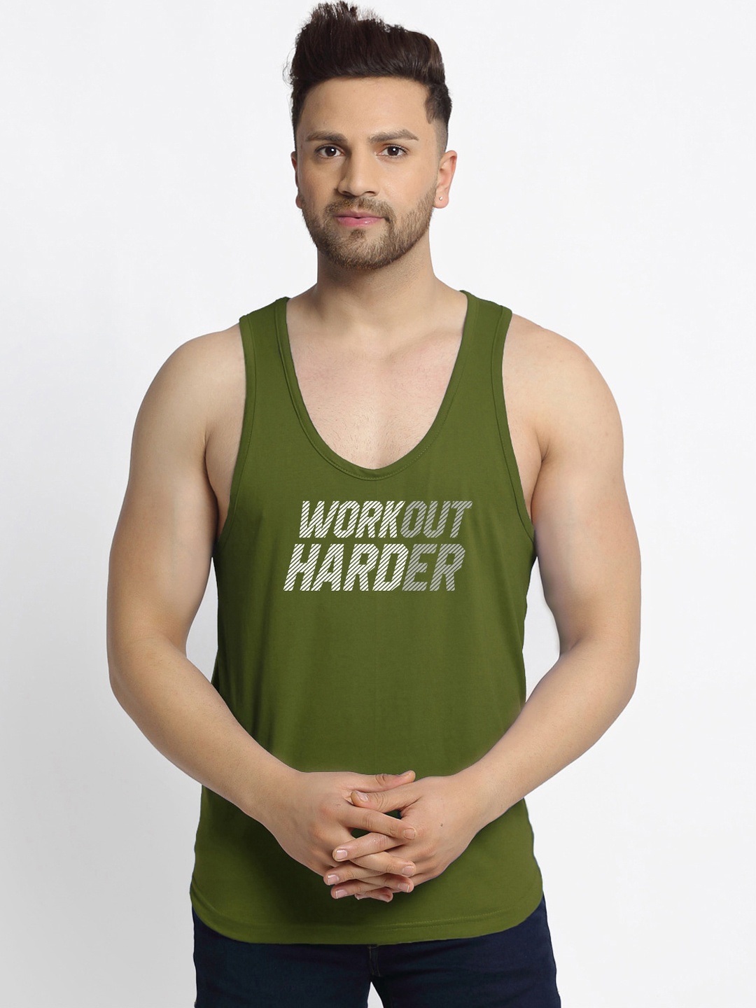 

Friskers Men Olive Green Printed Pure Cotton Innerwear Vests