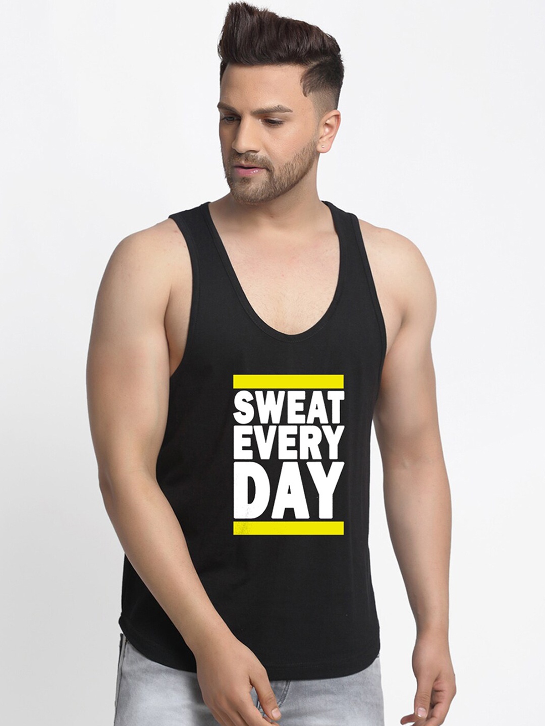 

Friskers Men Black Printed Pure Cotton Gym Innerwear Vests