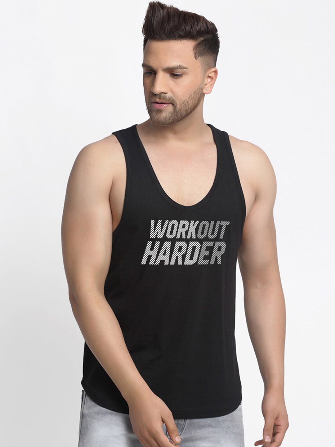 

Friskers Men Black Printed Pure Cotton Gym Vest