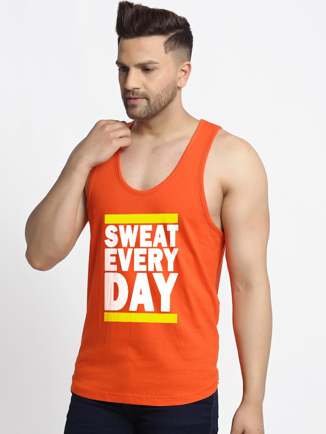 

Friskers Men Orange & White Printed Pure Cotton Gym Vest
