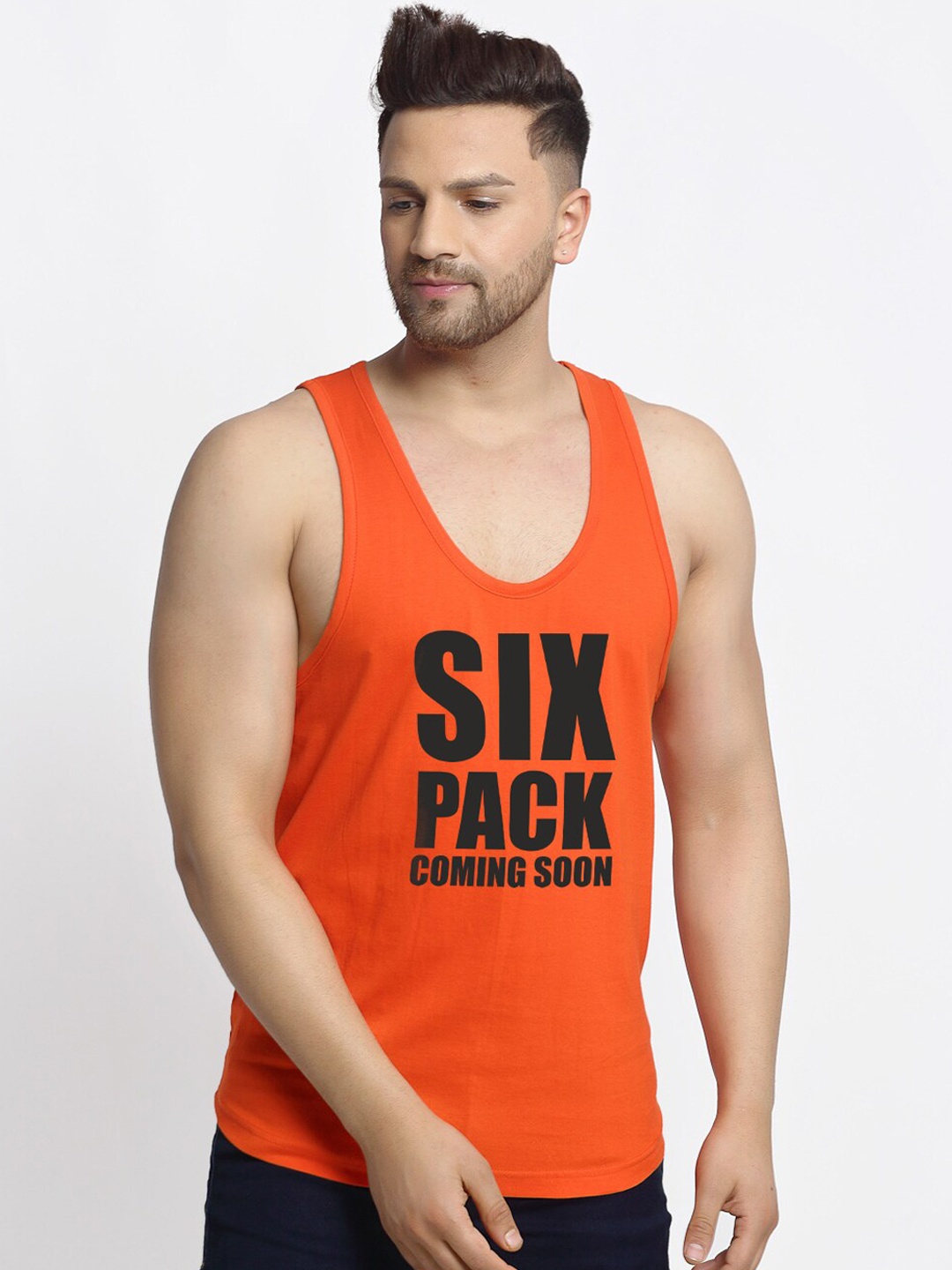 

Friskers Men Orange Printed Pure Cotton Innerwear Gym Vests