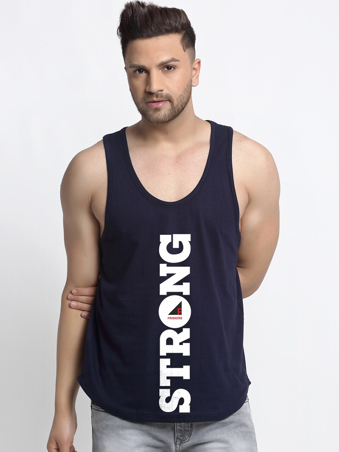 

Friskers Men Navy Blue Printed 175 - 180 GSM Pure Cotton Innerwear Vest