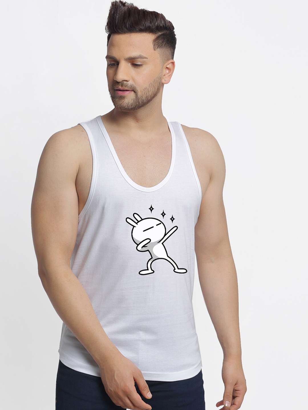 

Friskers Men White & Black Printed Pure Cotton Gym Vest