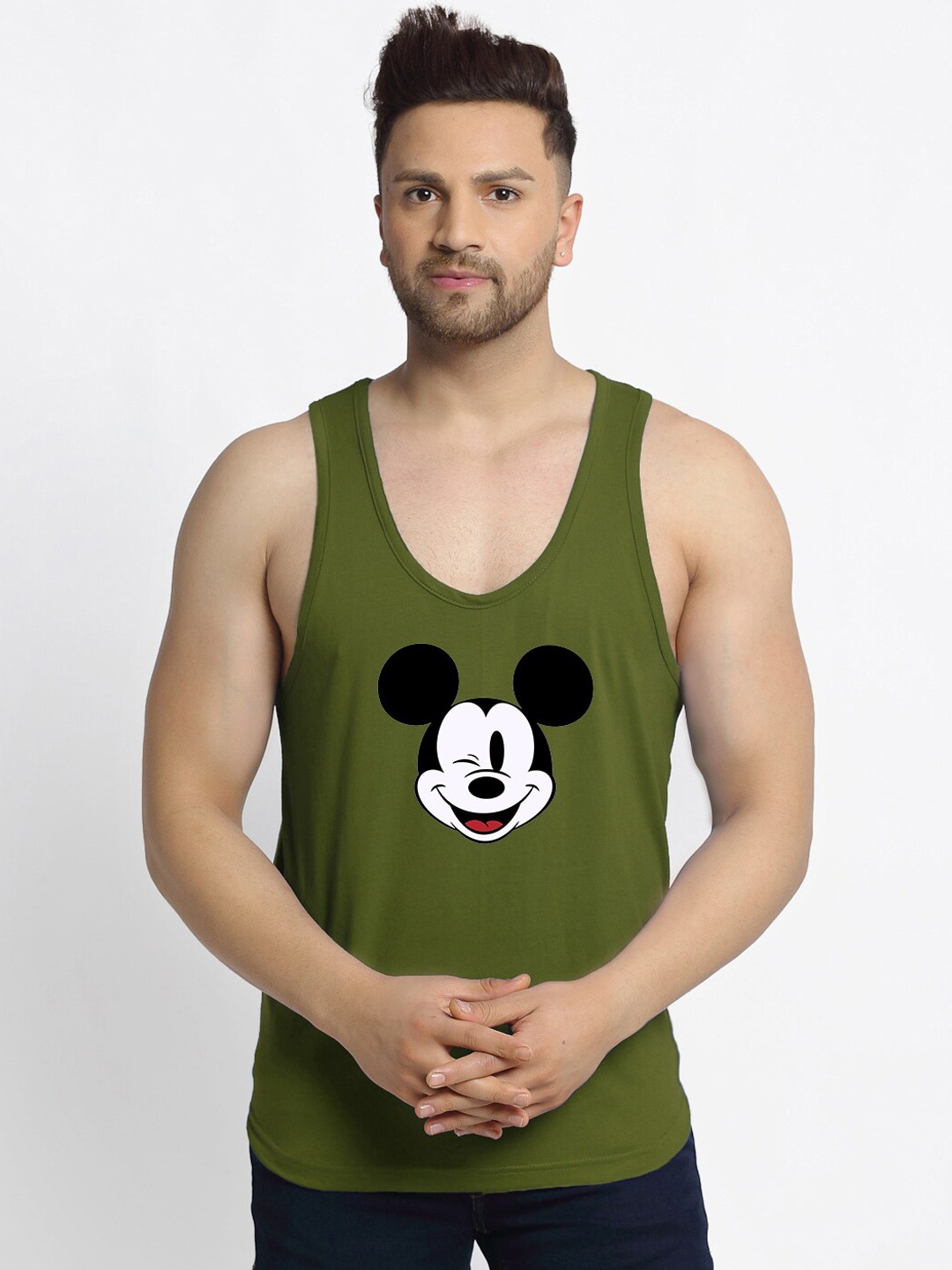 

Friskers Men Olive & Black Printed Cotton Innerwear Vests