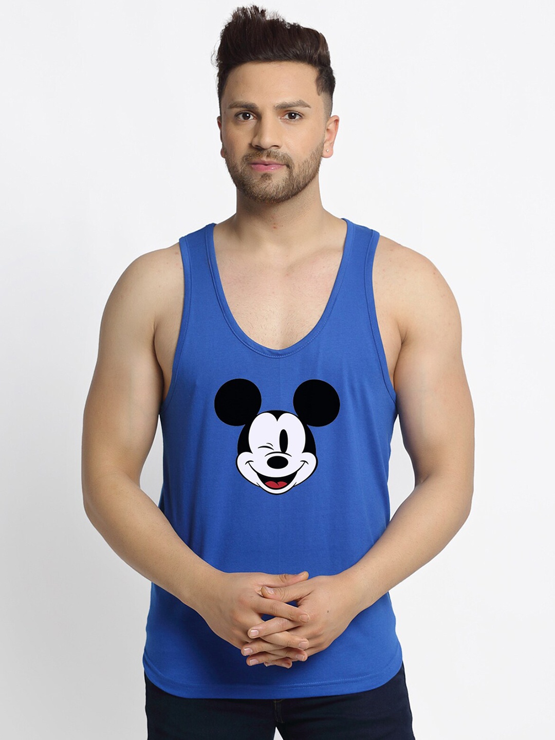 

Friskers Men Blue & Black Mickey Mouse Printed Cotton Gym Vests