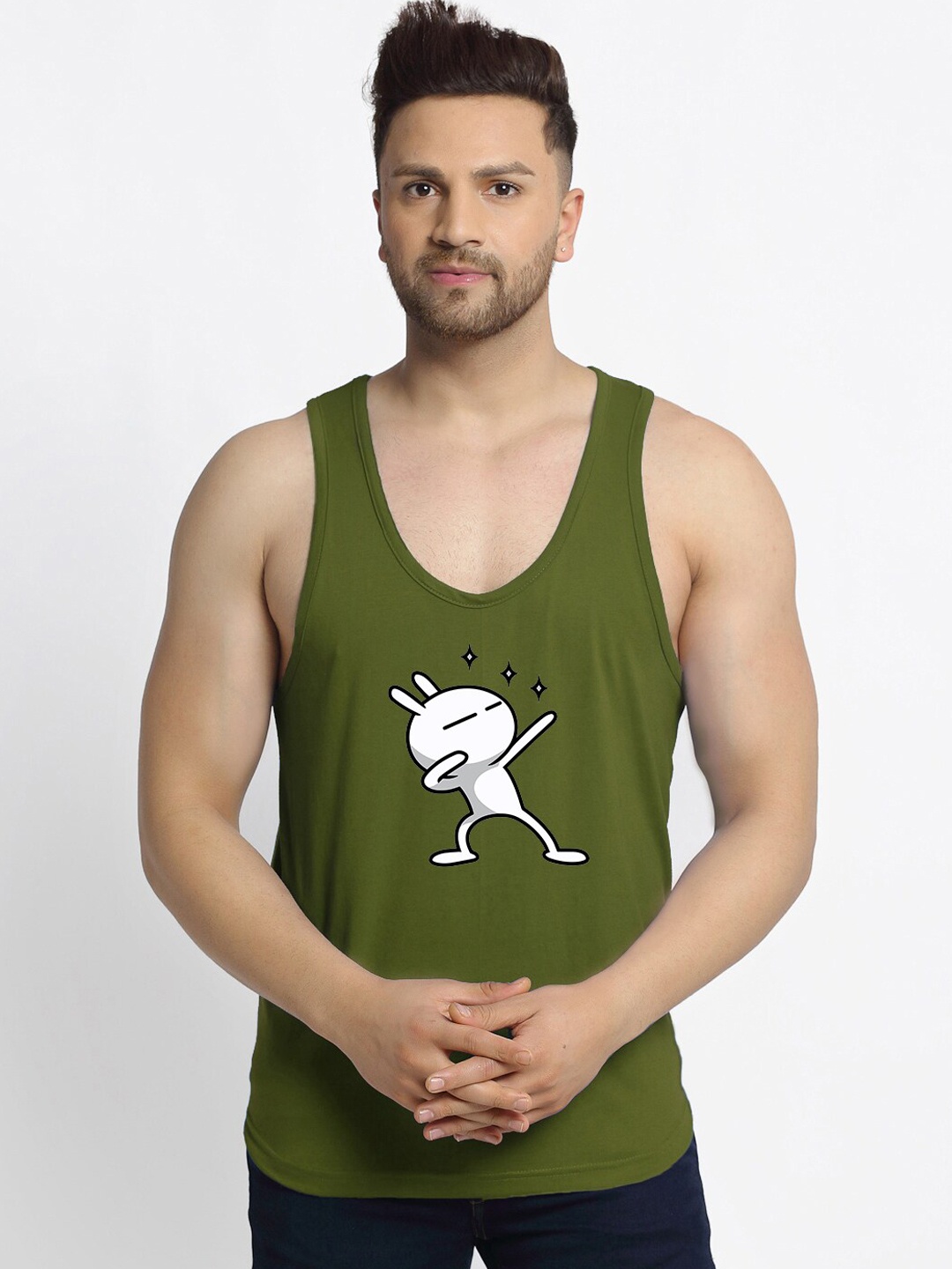 

Friskers Men Olive Green Printed Pure Cotton Innerwear Vests