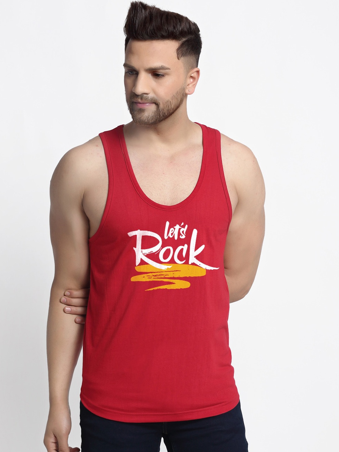 

Friskers Men Maroon Printed Pure Cotton Innerwear Gym Vests