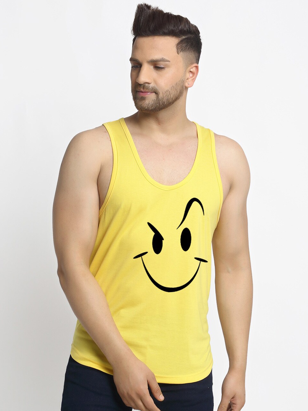 

Friskers Men Yellow Printed Cotton Gym Innerwear Vests