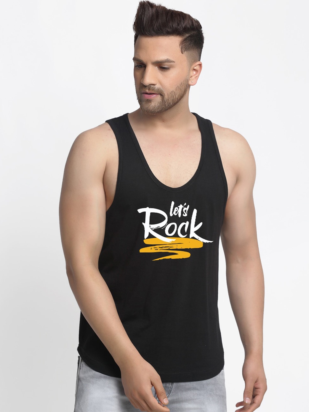 

Friskers Men Black & White Printed Pure Cotton Gym Vest