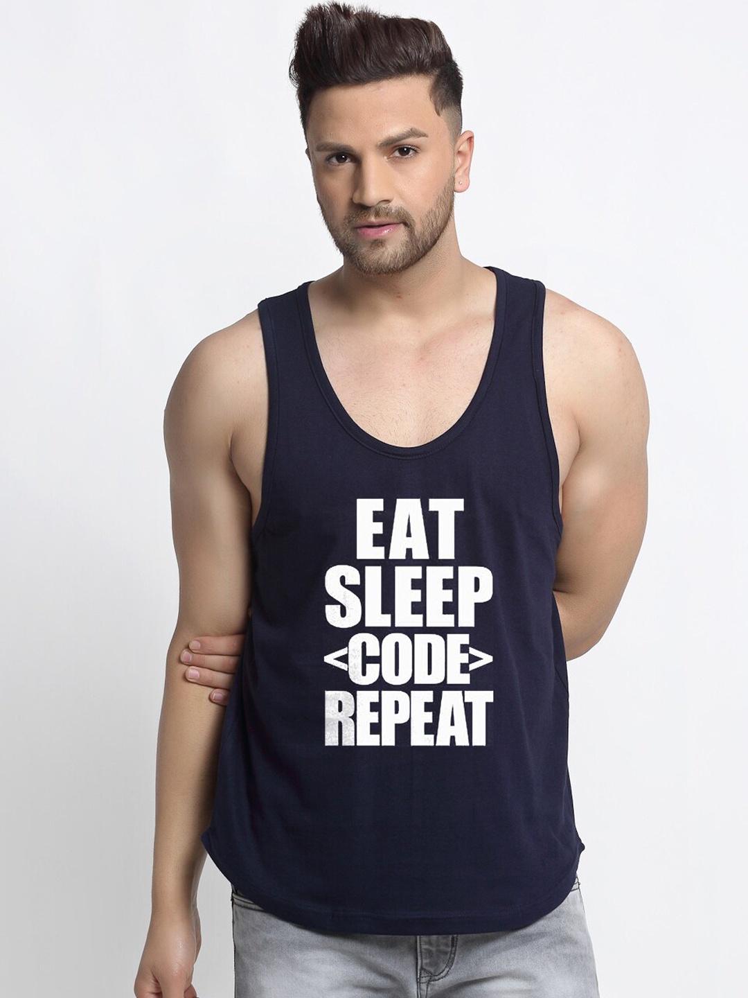 

Friskers Men Navy-Blue & White Printed Pure Cotton Gym Vest