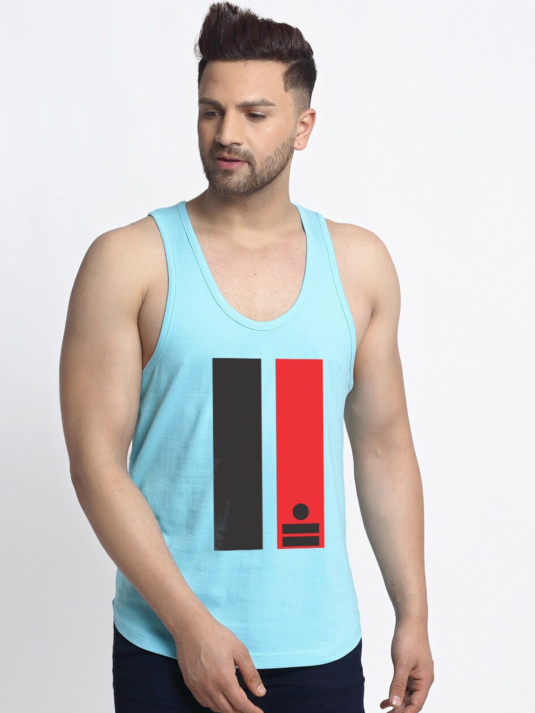 

Friskers Men Turquoise Blue & Black Printed Pure Cotton Gym Vest