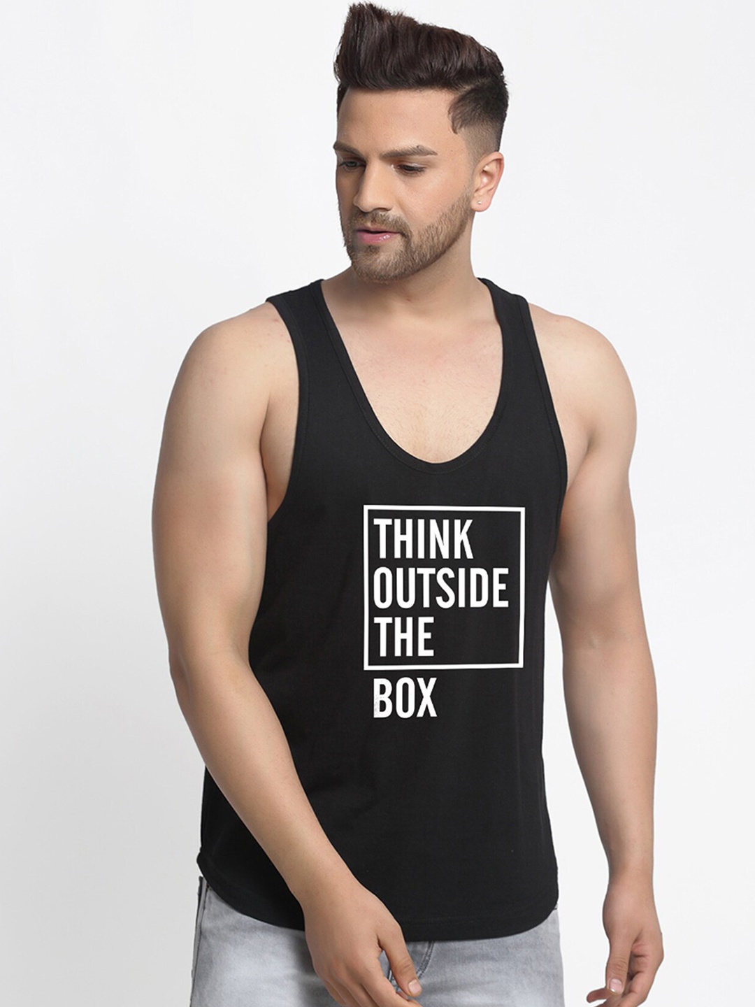

Friskers Men Black Printed Pure Cotton Gym Innerwear Vests