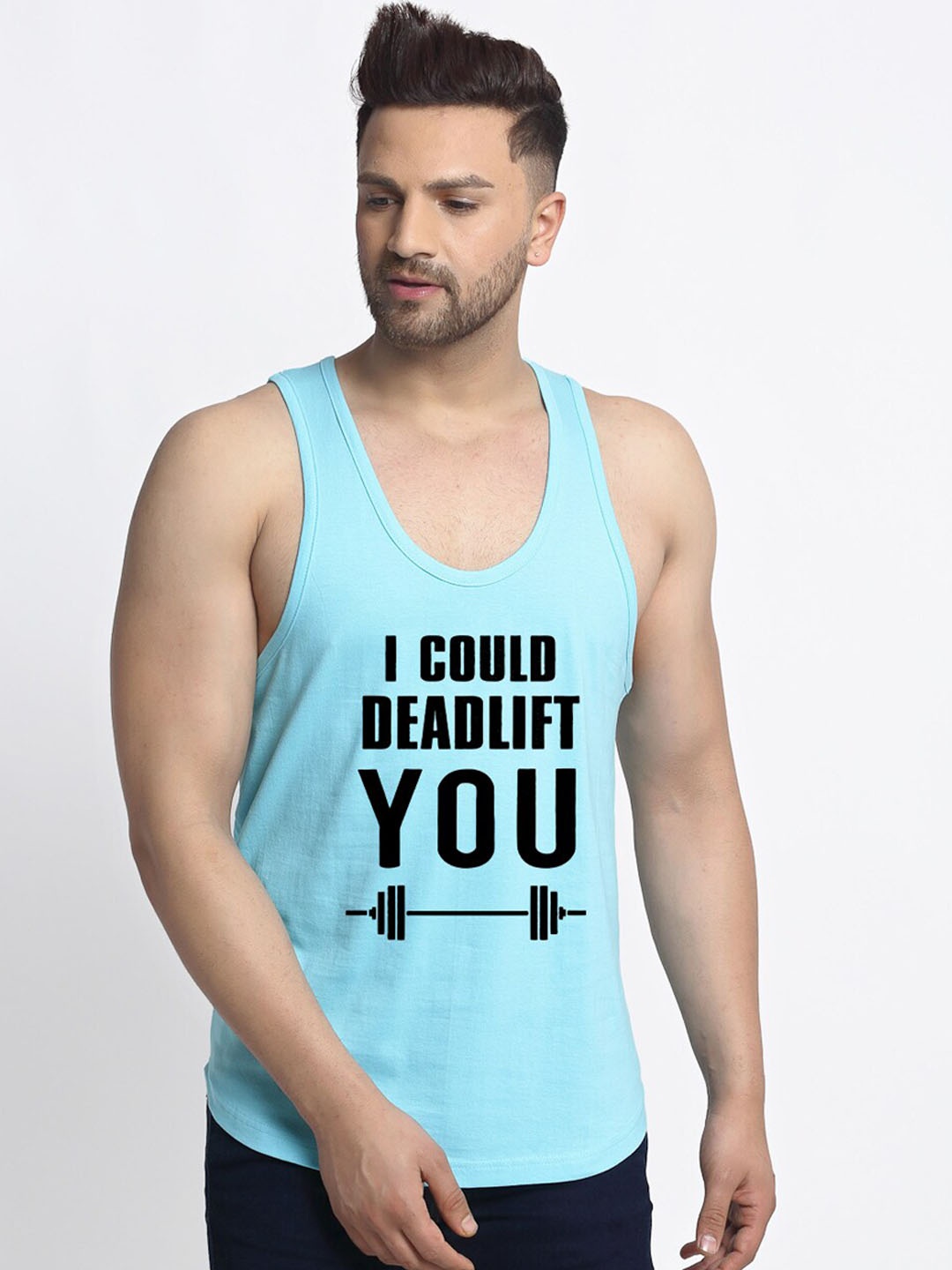 

Friskers Men Turquoise Blue Printed 175 - 180 GSM Pure Cotton Innerwear Vest