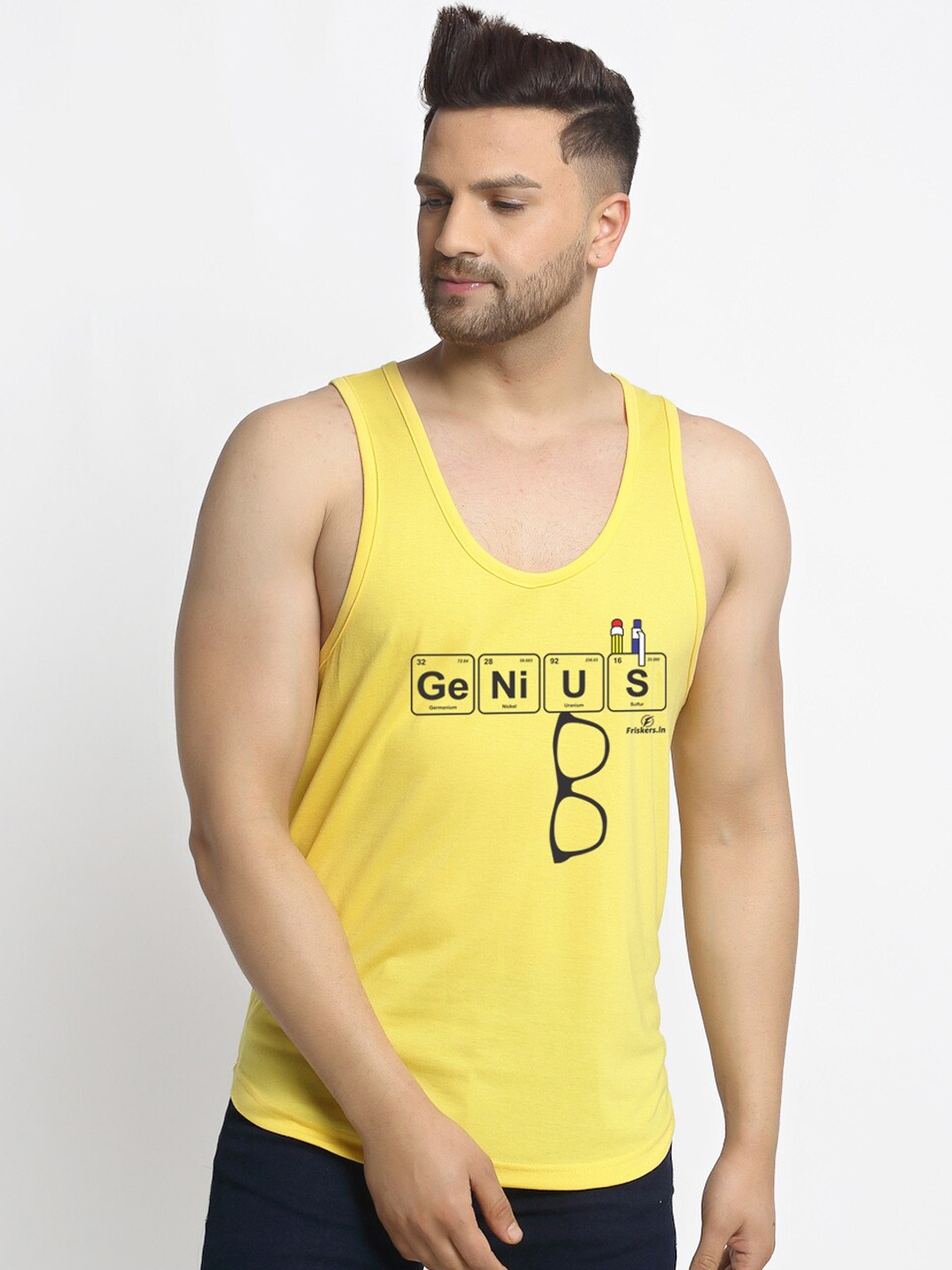 

Friskers Men Yellow Printed Cotton Innerwear Vests
