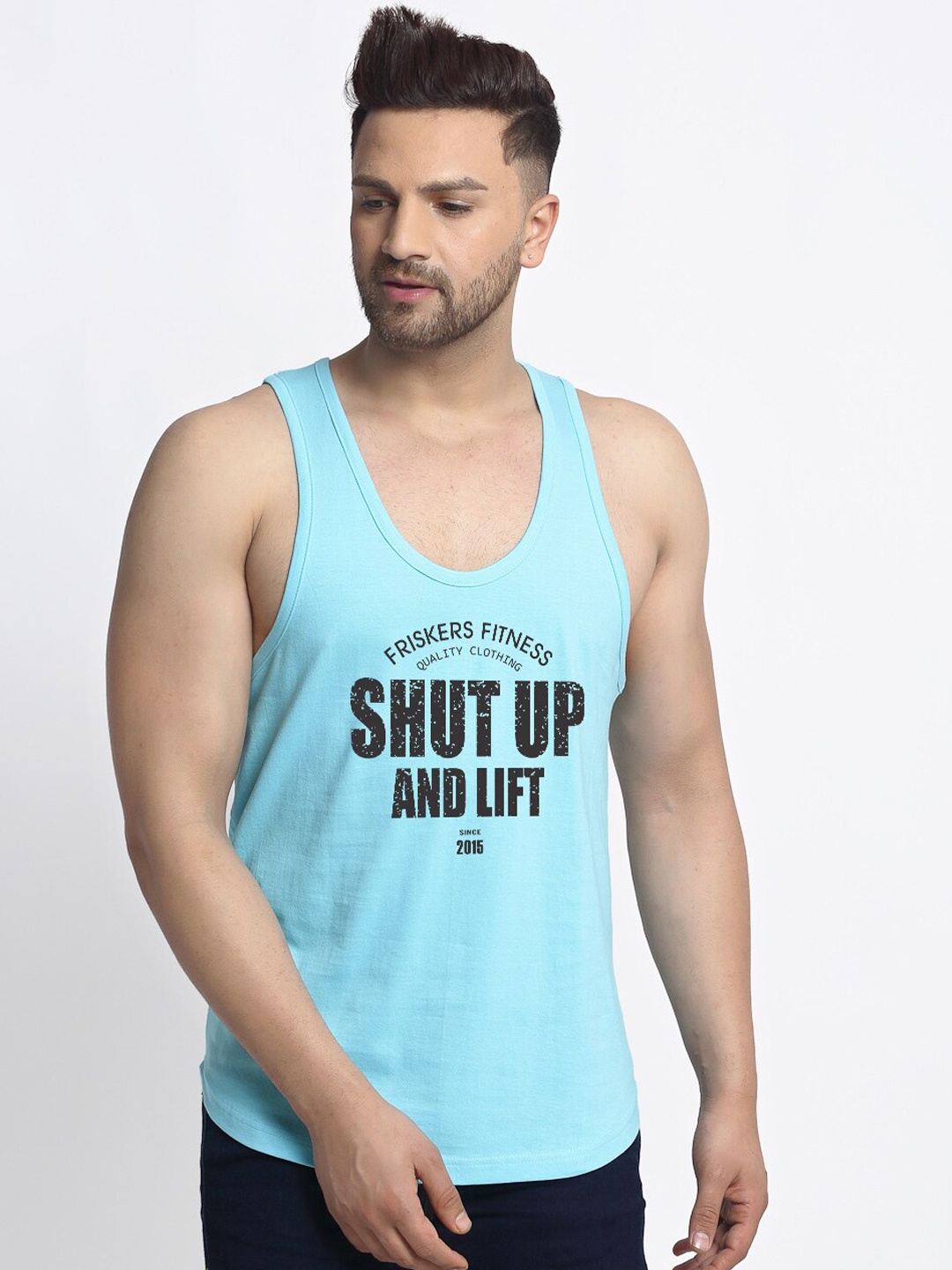 

Friskers Men Turquoise Blue & Black Printed Pure Cotton Gym Vest