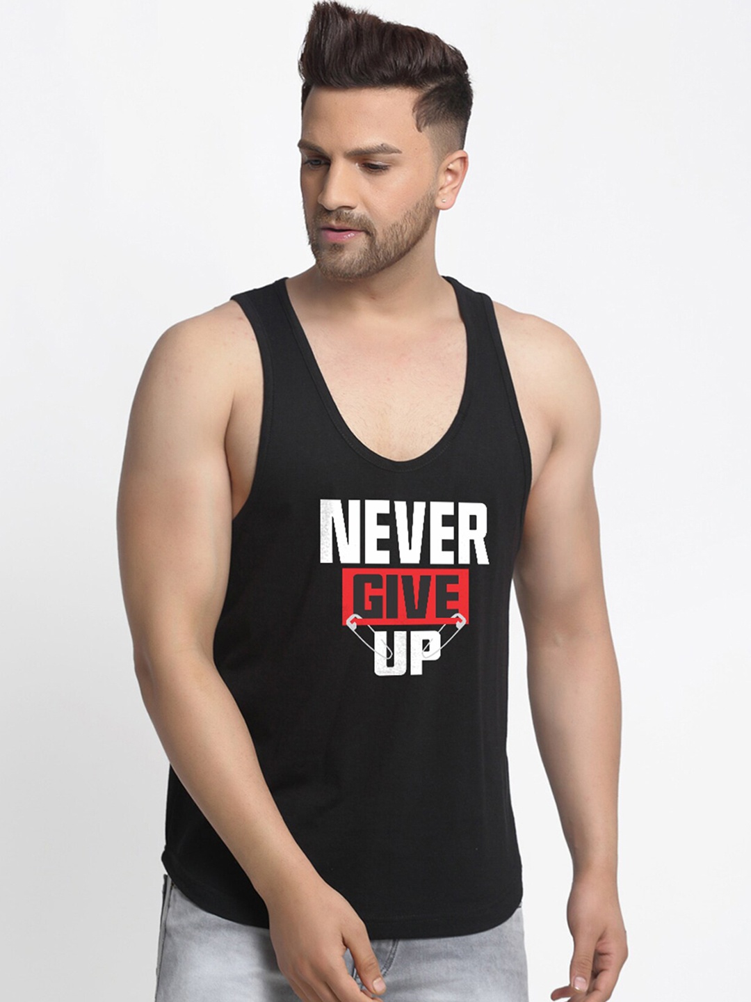 

Friskers Men Black Printed Apple Cut Sleeveless Gym Vest