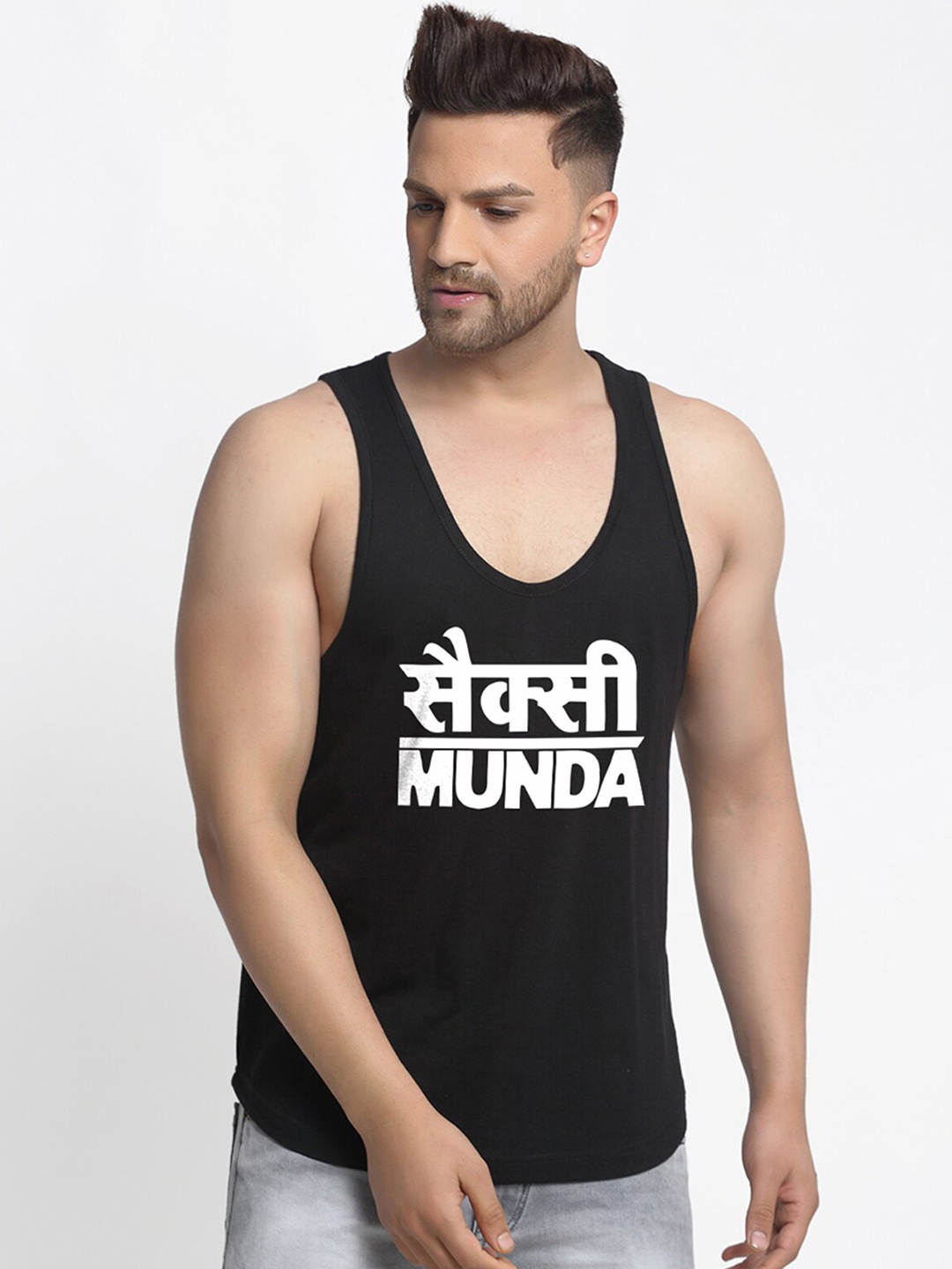 

Friskers Men Black & White Printed Pure Cotton Gym Vest