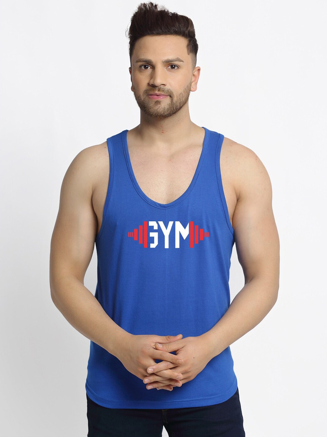 

Friskers Men Blue Printed Pure Cotton Gym Vest