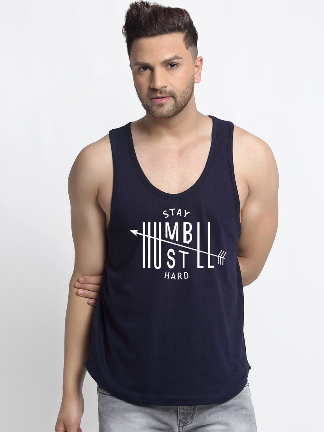 

Friskers Men Navy Blue Printed Pure Cotton Innerwear Gym Vests