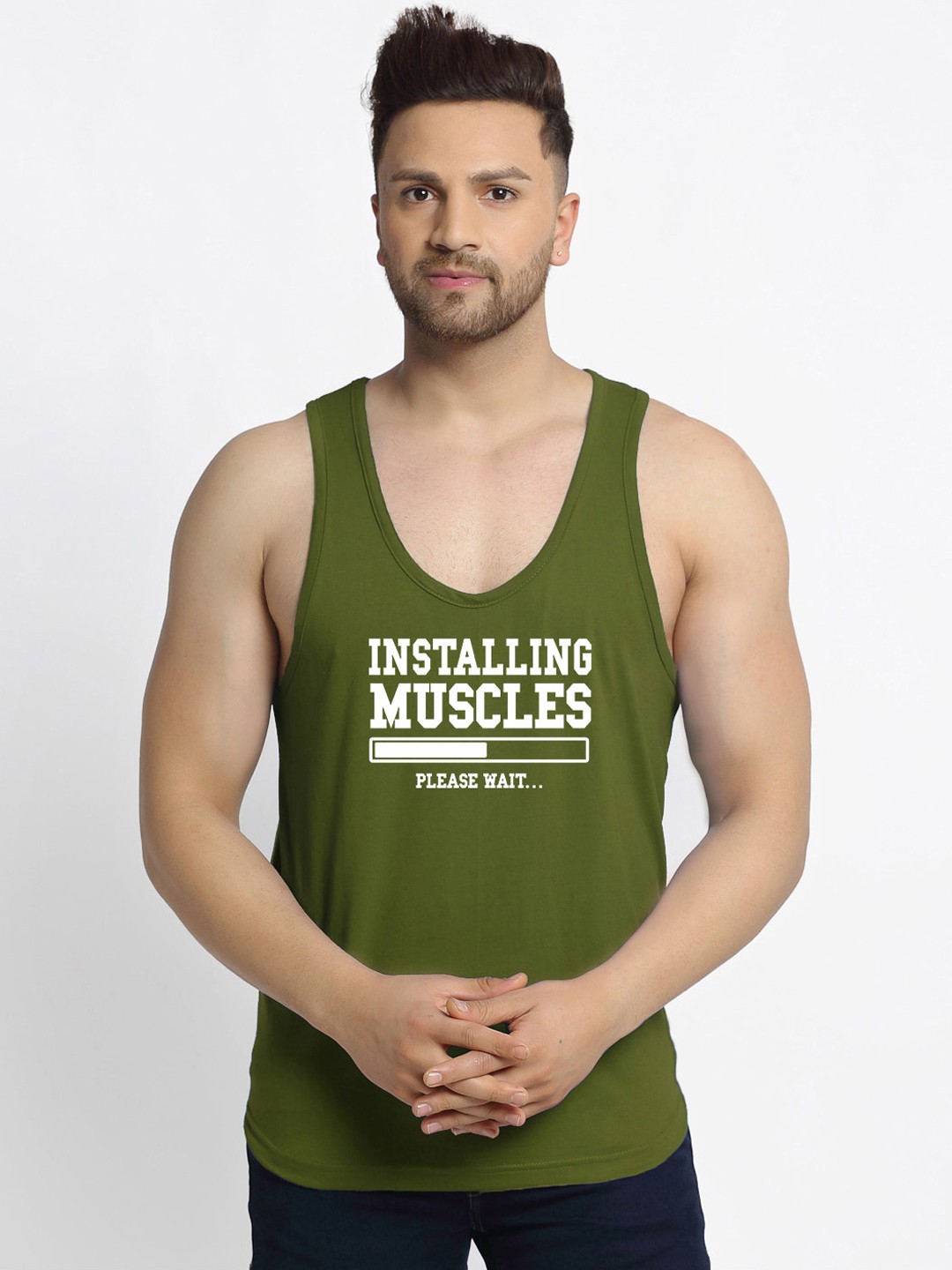 

Friskers Men Olive-Green Printed Pure Cotton Gym Vest