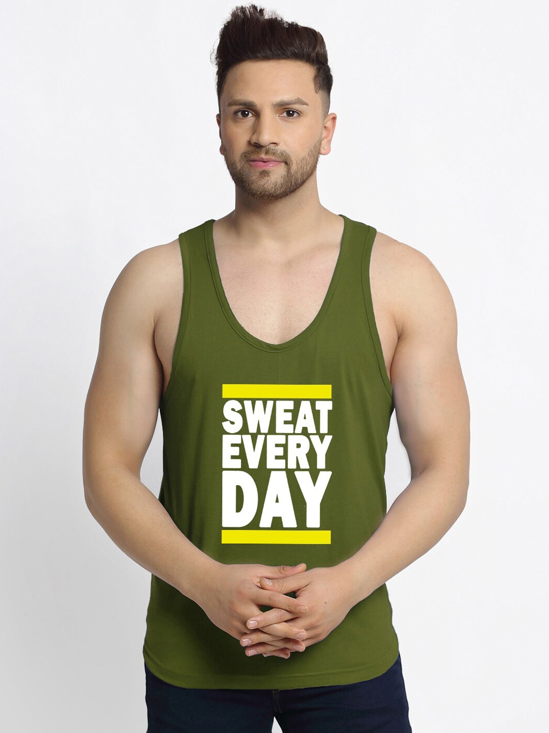 

Friskers Men Olive-Green & White Printed Pure Cotton Gym Vest
