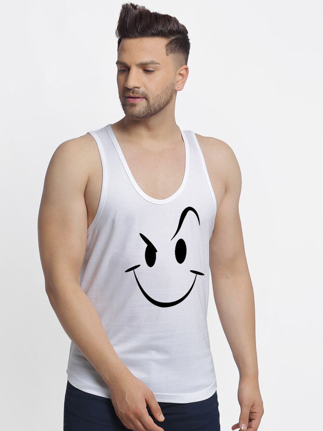 

Friskers Men White Printed Pure Cotton Gym Vest
