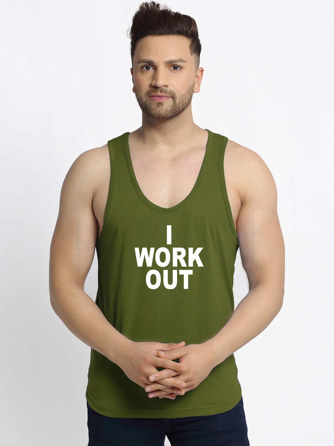 

Friskers Men Olive Green & White Printed Pure Cotton Innerwear Vest