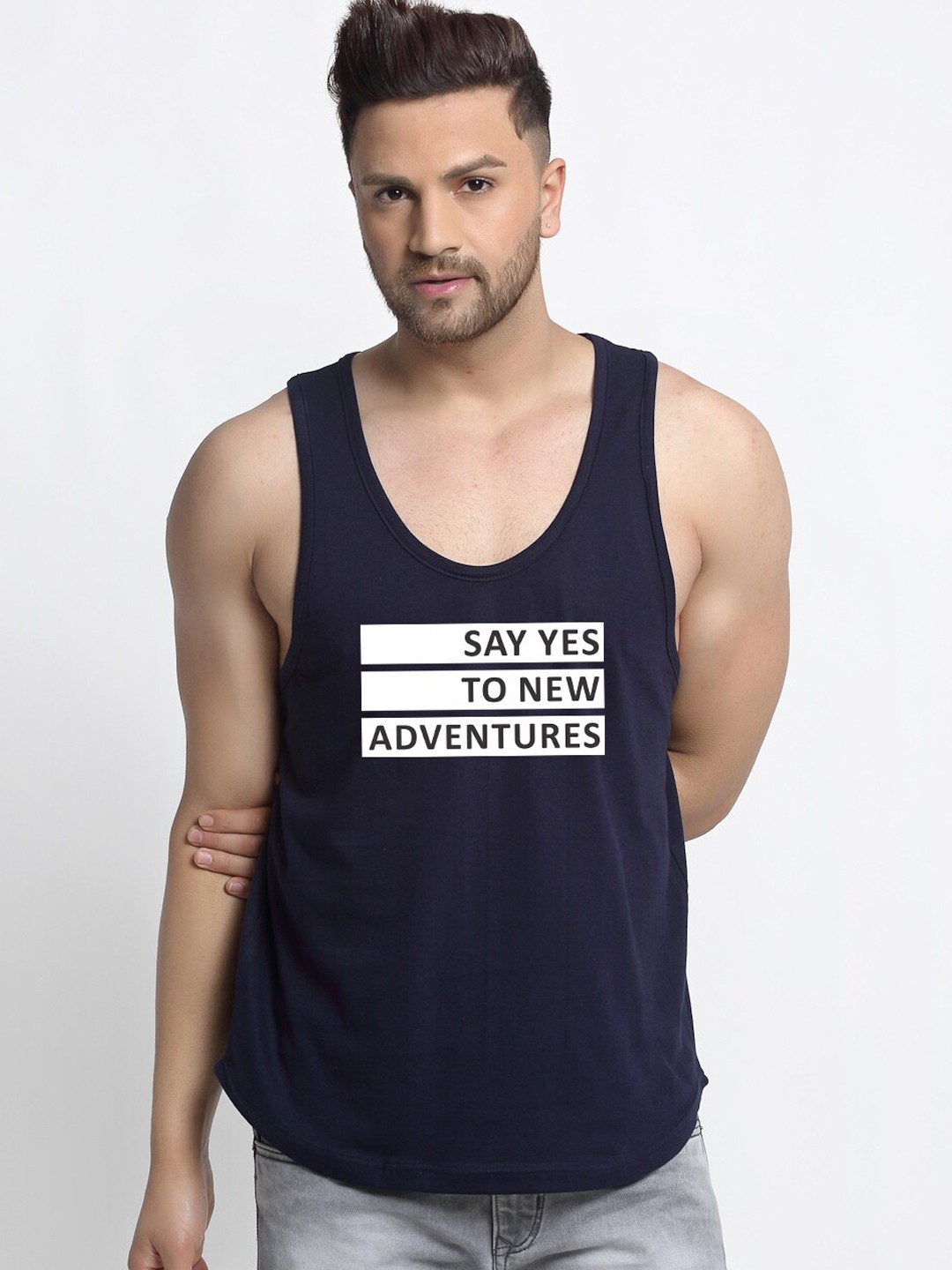 

Friskers Men Navy Blue Solid Printed Innerwear Vests
