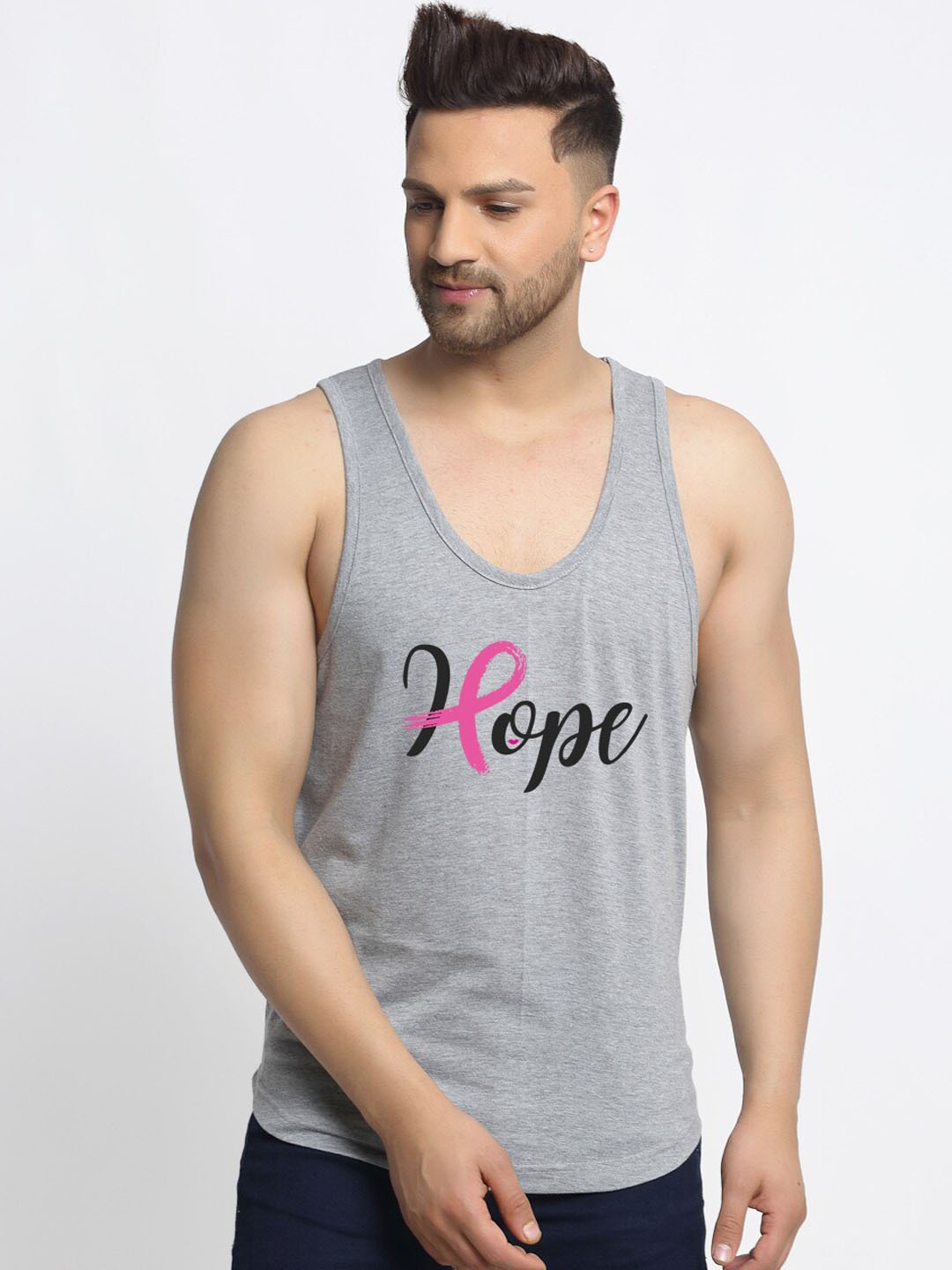 

Friskers Men Grey Printed Pure Cotton Gym Innerwear Vests
