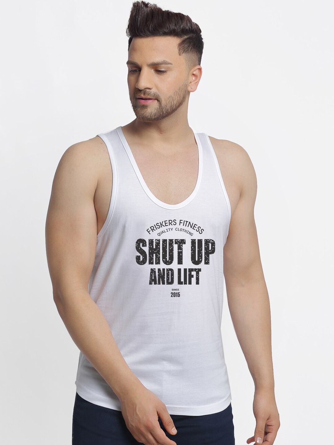 

Friskers Men White Printed Pure Cotton Gym Vest