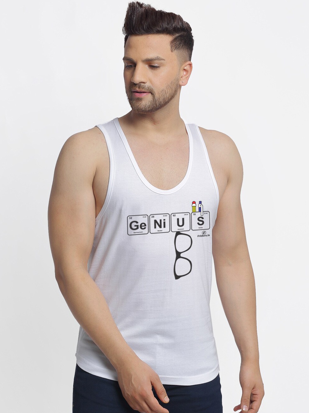 

Friskers Men White Printed Pure Cotton Innerwear Vest