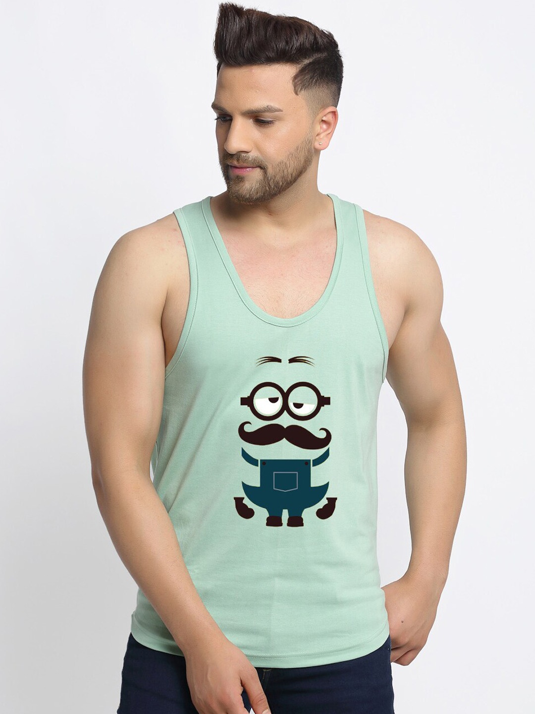 

Friskers Men Sea Green Printed Cotton Gym Vests