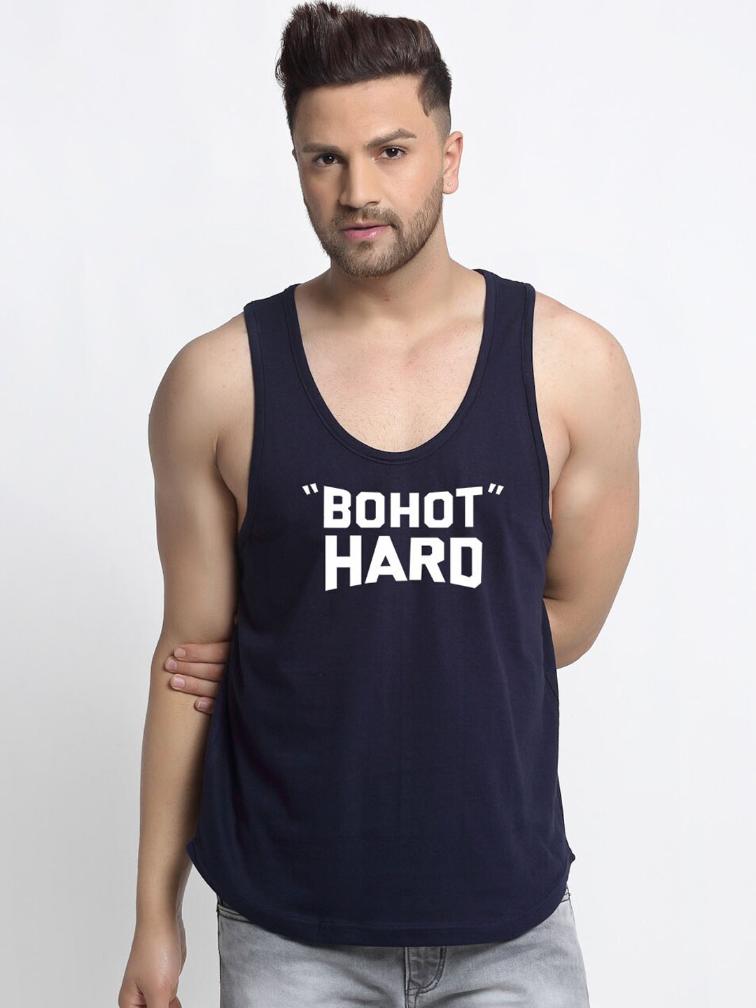

Friskers Men Navy Blue & White Printed Pure Cotton Gym Vest