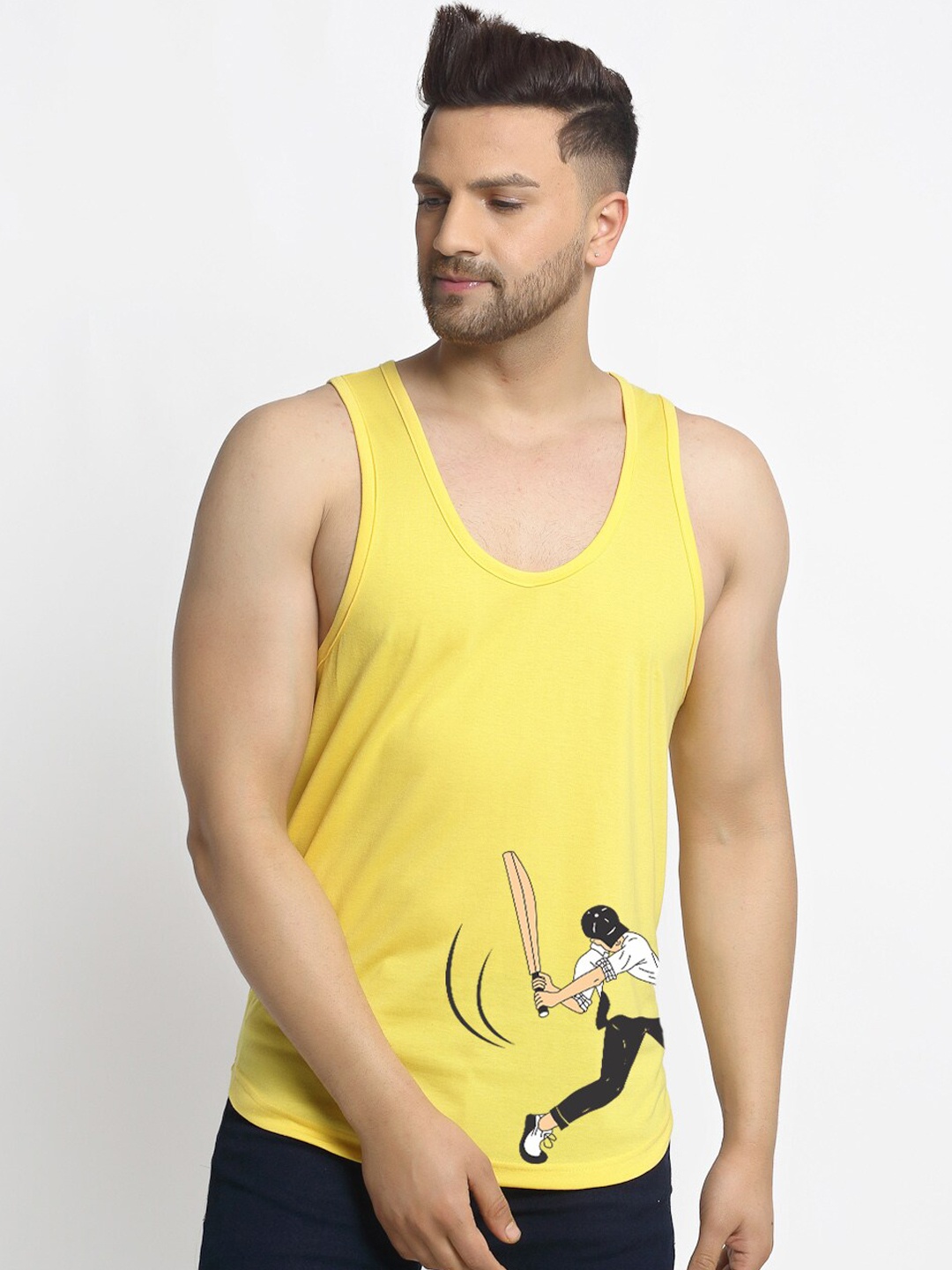 

Friskers Men Yellow Printed Pure Cotton Gym Innerwear Vest